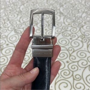 Perry Ellis Black Leather Belt with Silver Buckle